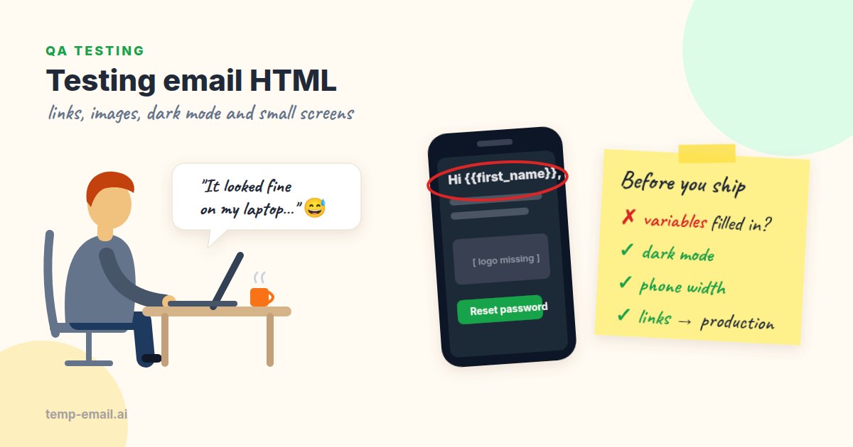 A tester says the email looked fine on a laptop, while a phone in dark mode shows an unfilled first-name variable and a missing logo.